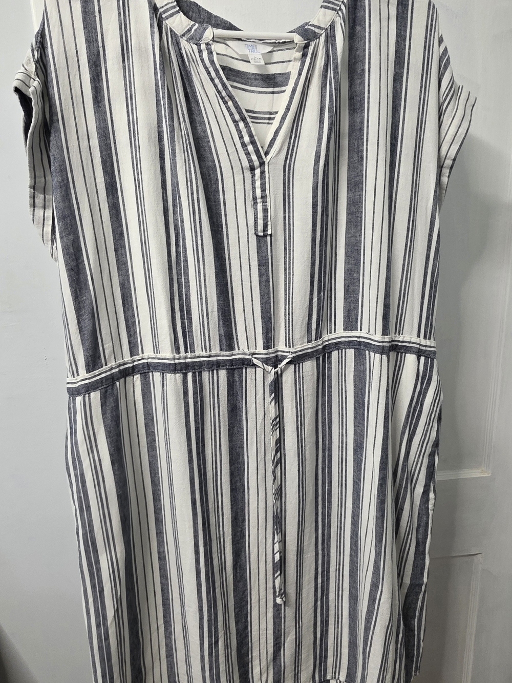 Time and Tru Navy and White Striped Casual Button-Down Shirt Dress
